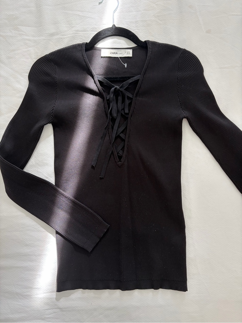 Zara Black Ribbed Lace-Up V-Neck Sweater Top